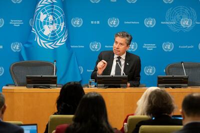 Tom Fletcher, Under-Secretary-General for Humanitarian Affairs and Emergency Relief Coordinator, holds a press conference at UN Headquarters.